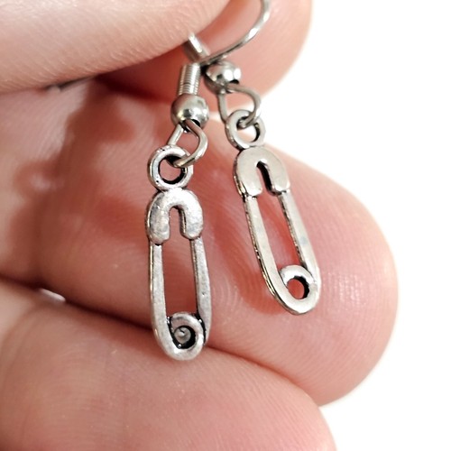Safety Pin Earrings Pair Punk Emo Rock Steel Alternative Rebel Drop Dangle - Picture 4 of 24