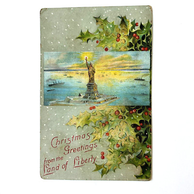 Antique EBC Christmas Postcard Statue of Liberty Embossed, Unposted, Saxony