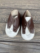 Vintage Baby Shoes Size 1 Brown  White Faux Leather Handmade In Hong Kong
