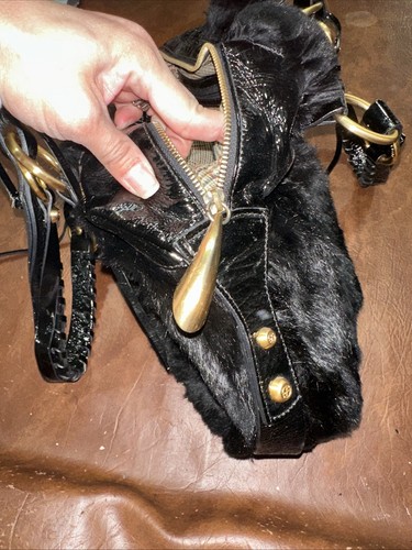 Vintage Y2K Francisco Biasia Black Rabbit Fur Slouchy Purse W/Gold Hardware - Picture 6 of 6