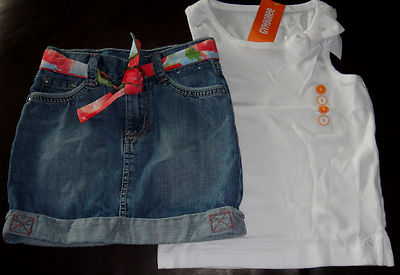 Gymboree Burst of Spring denim skirt floral belt & white bow top 1