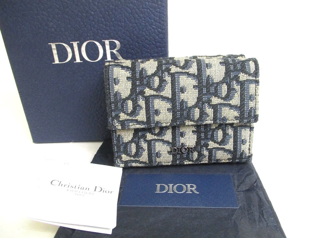 Portefeuille tripold authentique Christian Dior bleu marine cuir femme Dior #a259