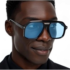 Men Fashion Designer Sunglasses Black Frame Light Blue Tinted Lens Square Lentes