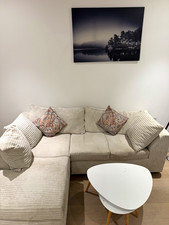 Beige Striped Woven Fabric Corner Sofa 4 Seater w/ Cushions 220x200cm