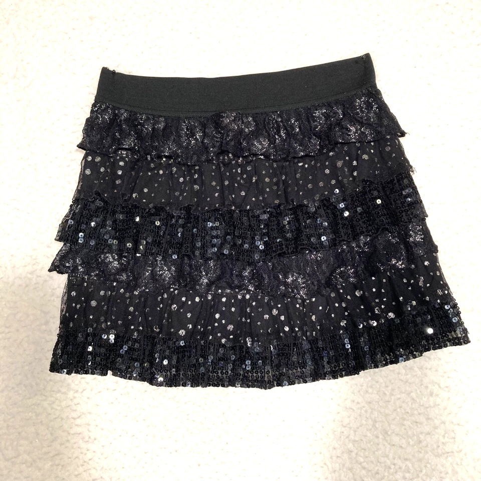 Girls S Black Sequin Ruffle Layered Skirt Stretch waist Dance or Prance! - Image 4 of 4