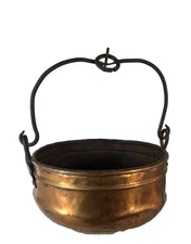 Vtg Lg Hanging Copper Cauldron Pot W/ Iron Handle 11” Wide