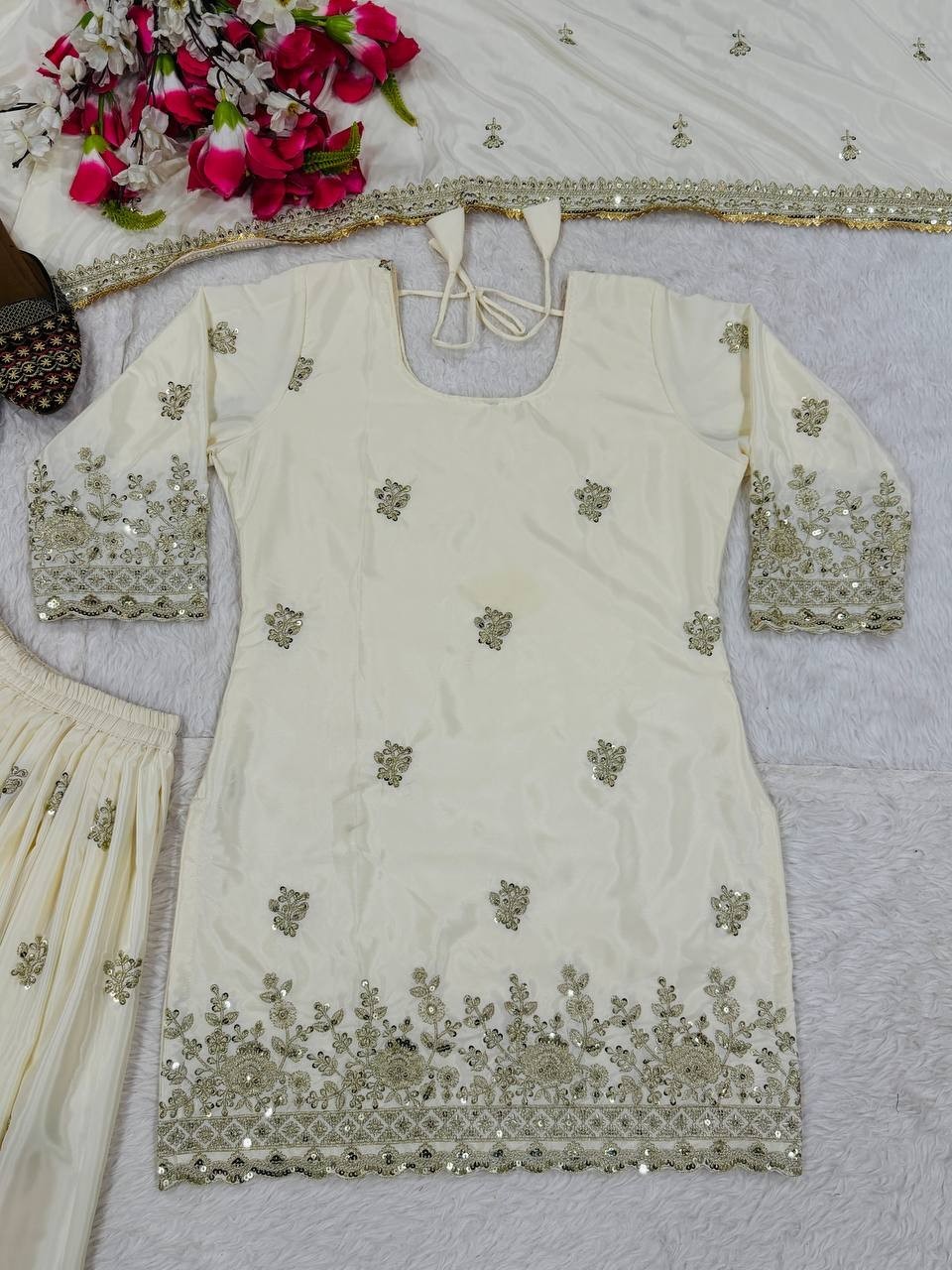 Wedding Wear Off White Crepe Kurta Palazzo With Dupatta For Women & Girls thumbnail 9