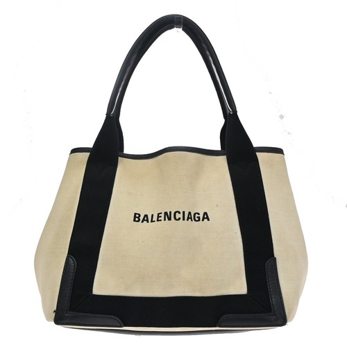 BALENCIAGA Navy Cabas S Tote Hand Bag Canvas Leather Black White SHW 02EG430