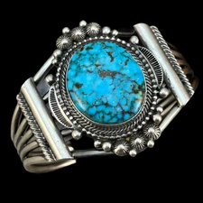 6.5" Kingman spiderweb turquoise cuff bracelet 2 Navajo sterling TOM LEWIS