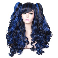 Long Curly Cosplay Wig Black Blue Multi Color Ponytails Costume Hair