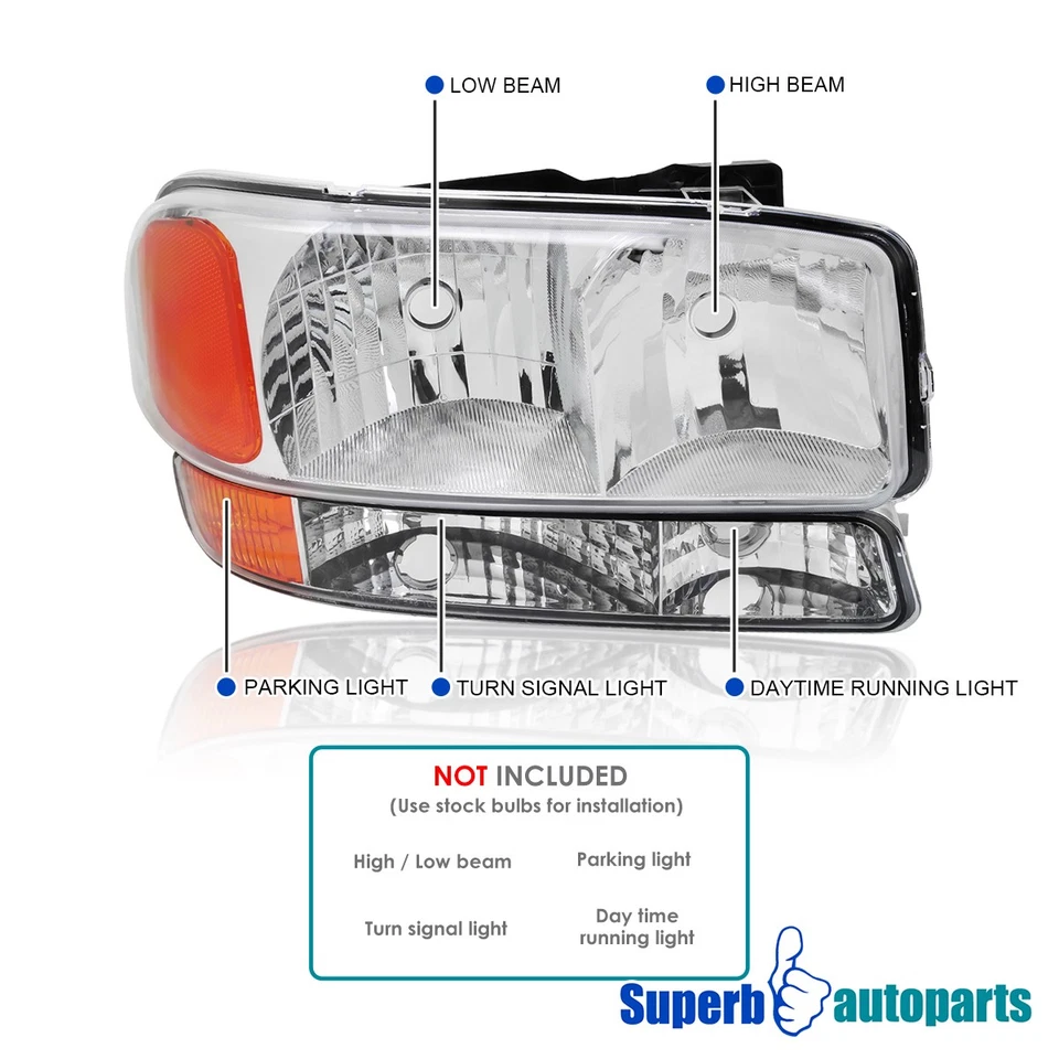 Fits 1999-2006 GMC Sierra 2000-2006 Yukon XL 1500 2500 Headlights+Bumper Lamps Foto 4 de 4