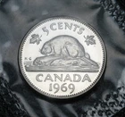 Canada 1969 5-cent Beaver NBU (Proof-Like) Sealed in original cellophane