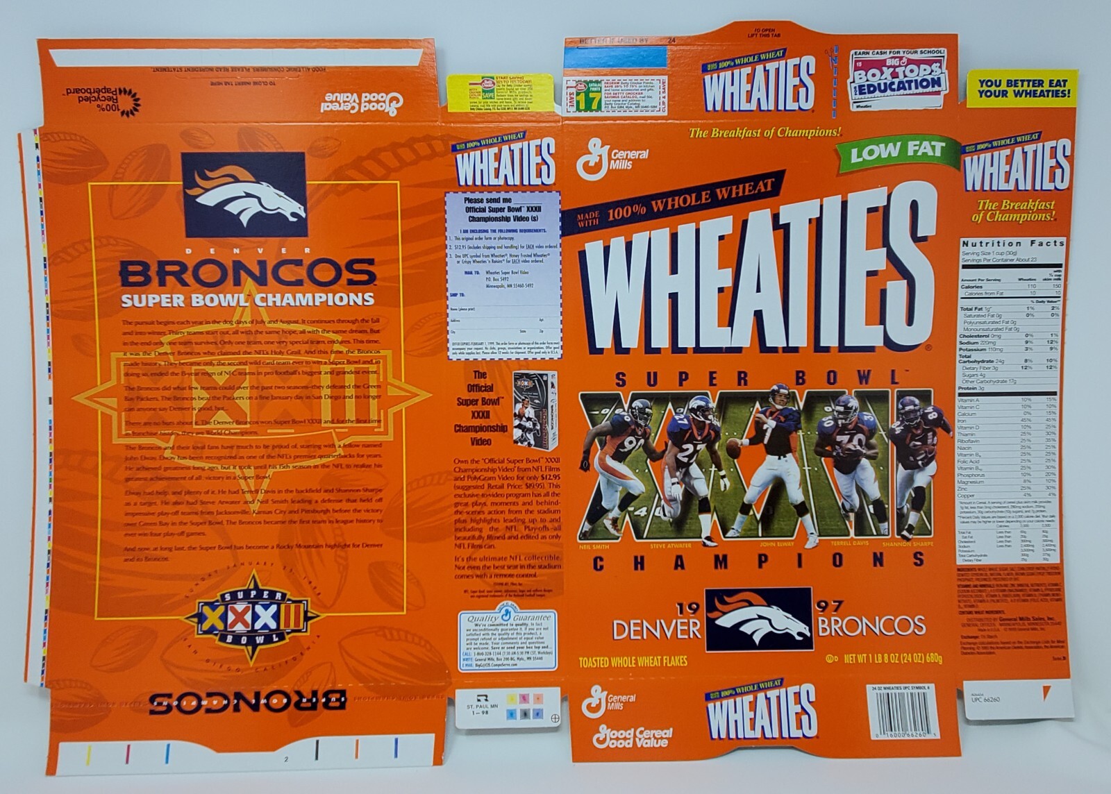 Superbowl XXXII Champs Denver Broncos Wheaties Cereal Box F/S BUF