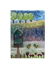 Aceo By Kenna Painting Collector Art Original house Snowy Scene  2.5” X 3.5”