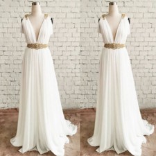 Vintage Chiffon Wedding Dresses Deep V Neck A Line Simple White Bridal Gowns