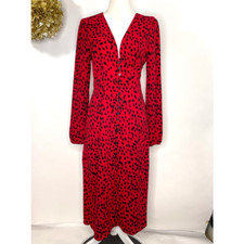 Justfab Shirt Dress Women's S Red Black Spotted Slit Midi V Neck Long Sleeve