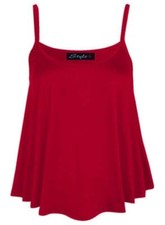  WOMENS PLAIN SWING VEST SLEEVELESS TOP STRAPPY CAMI LADIES FLARED UK 8-26