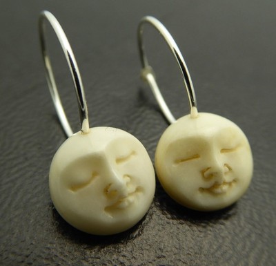 Moon Earrings Tiny 10mm Buffalo Bone Face Eyes Closed Sterling Silver Hoop 