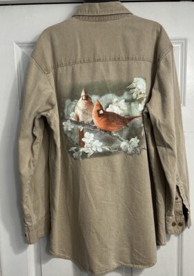 Three Rivers XL  Womens Top Cardinals Birds Tan Vtg Denim Button-Up Shirt Nature