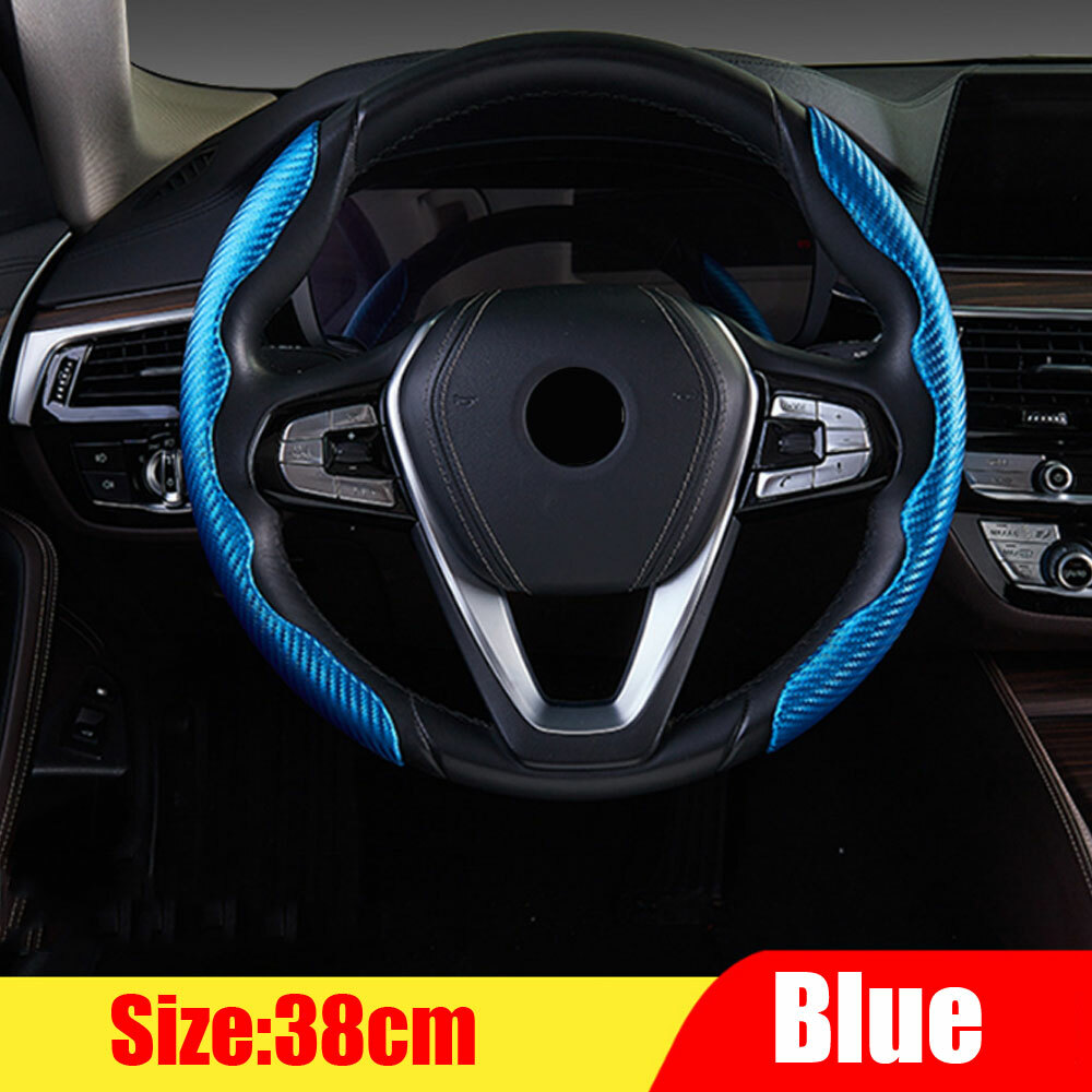 Blue Carbon Fiber Steering Wheel Cover - 2-Pack Non-Slip Trim Accessory