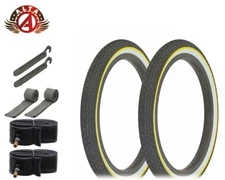 BICYCLE WIRE BEAD TIRE 16" X 1.75" SMALL BRICK WHITEWALL YELLOW LINE 8PC SET.