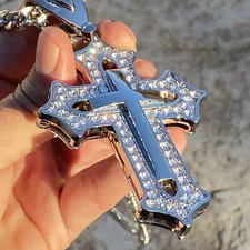 Huge Open Cross Iced Flooded Out CZ Silver Tone Cuban Link Hip Hop Chain 30"