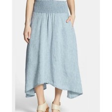 EILEEN FISHER organic linen asymmetrical midi maxi smocked skirt gray blue sz M