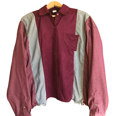 Upcycled Bohemian Mixed Print Blouse, Patchwork Magenta Button-Down Shirt L-XL