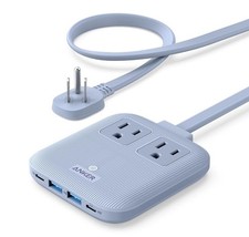 Anker Travel Power Strip, 67W Max 6-in-1, Ice Lake Blue, Factory Sealed