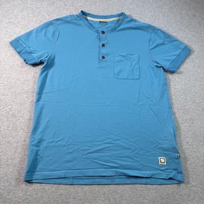 Fajallraven Mens Greenland Buttoned SS Henley Shirt Blue Sz XL Made in Portugal