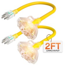 12 Gauge 3 Outlet Extension Cord Splitter 2 Ft Waterproof 15A 1875W - Ideal 3.0