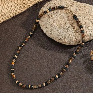 Mens Boho Necklace Tiger Eye Lava Stone Wood Beads Surfer Handmade Choker