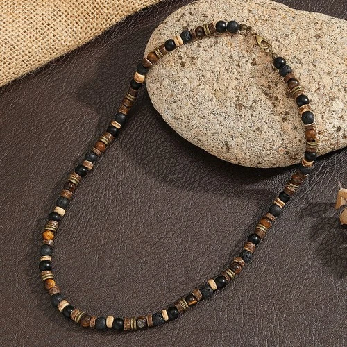 Mens Boho Necklace Tiger Eye Lava Stone Wood Beads Surfer Handmade Choker