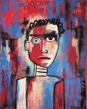 A.Z. Davis 20x 16" Painting Portrait Man Brut Street Pop Outsider Figurative Art