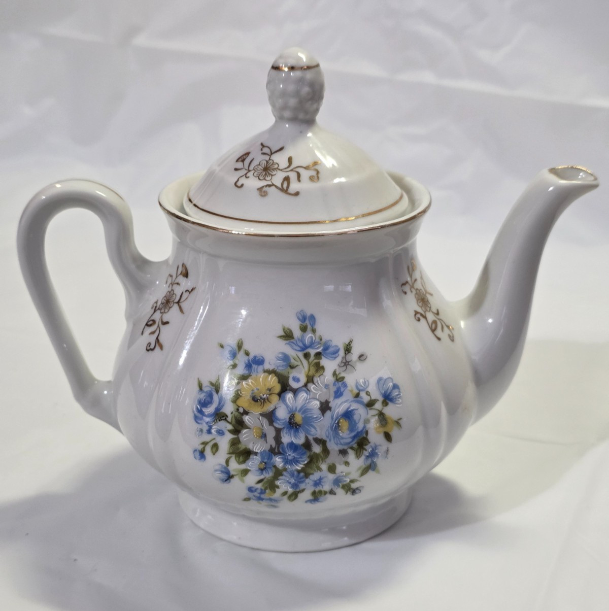 Vintage Enesco Imports Japan Teapot Blue Yellow Floral Bouquet Gold Trim Lid