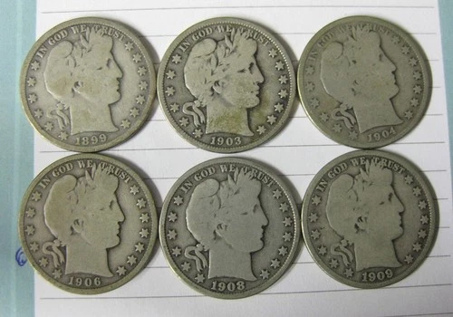 Six Different Dates Barber Silver Half Dollars