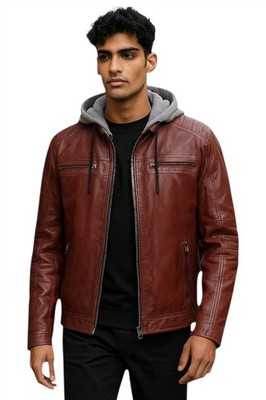 Infinity Leather Herren Hoodie Ox Rot Burgunder Lamm Nappa Leder Bikerjacke Slim