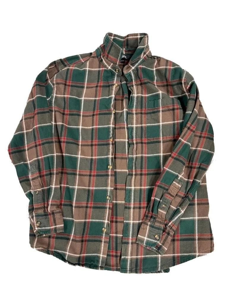 Eddie Bauer Flannel Shirt Mens XL Green Brown Plaid Button Down Soft Outdoor