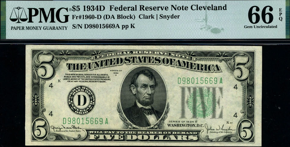 FR. 1960 D $5 1934-D Federal Reserve Note Cleveland D-A Block Gem PMG CU66 EPQ - Image 2 of 3
