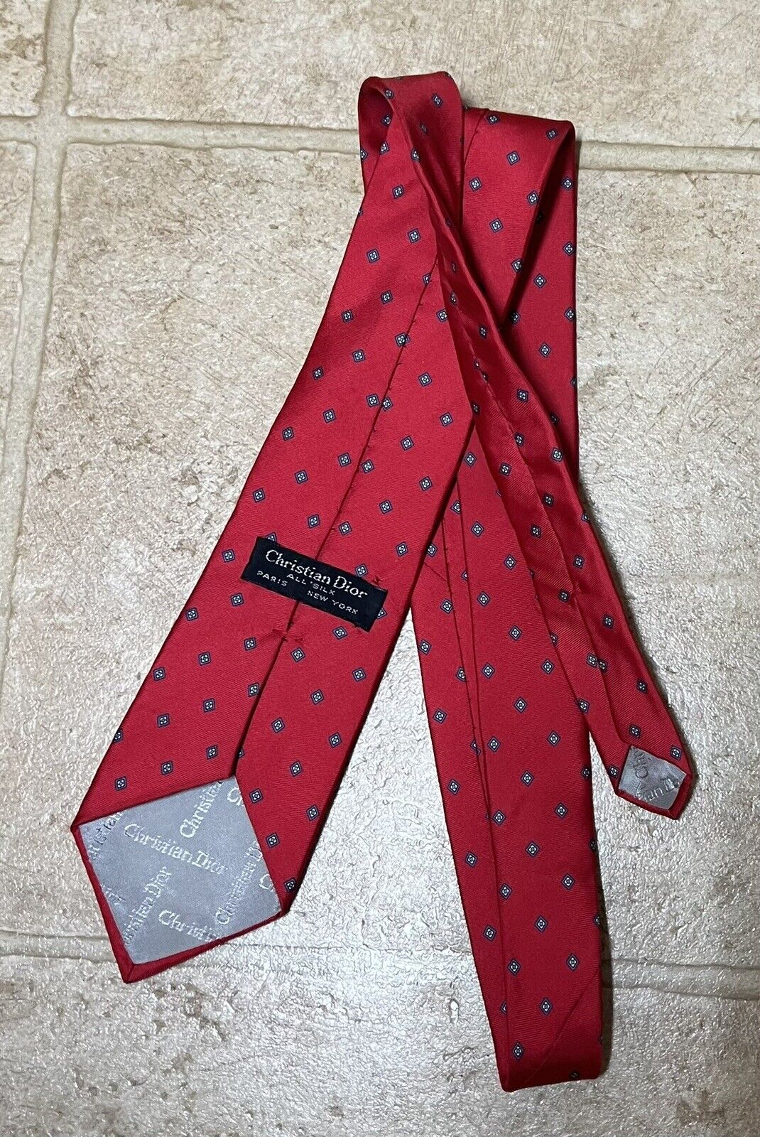 Christian Dior Mens Tie Red With Blue Geometric All Silk Tie