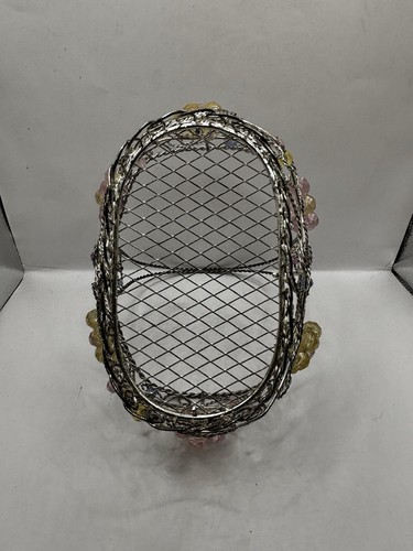 VTG Retro 90s Beaded Wire Basket W/ Pink Yellow & Blue Beads Easter Granny - Picture 15 of 23