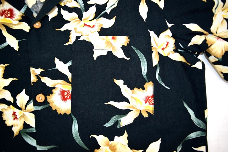 Camisa Hawaiana De Colección Paraíso Encontrada Talla M Años 80 Negra Estrella Orquídea Magnum PI c.1983-88 Foto 4 de 4