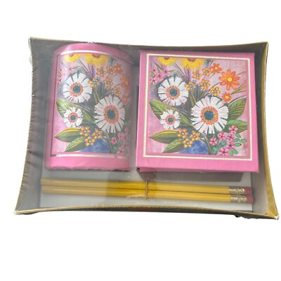 Incredibly 1970 s Pink Floral Design Desk Set With Pencil Cup, Notebook & Pencil