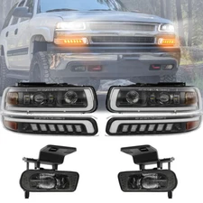 For 00-06 Tahoe 99-02 Chevy Silverado DRL LED Headlights Signal Lamps+Fog Lights