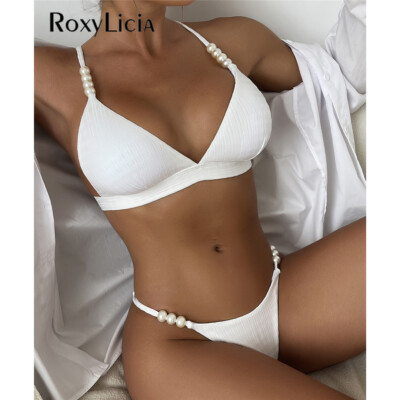 Sexy Pearls High Leg Cut Padded Bikini Women Swimwear Two-pieces Bikini Set