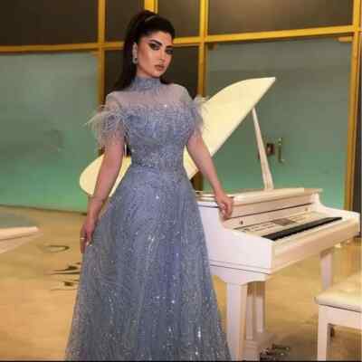 Blue Evening Dresses Short Feather Sleeve Prom Dress High Neck Squin Party  Dress | eBay