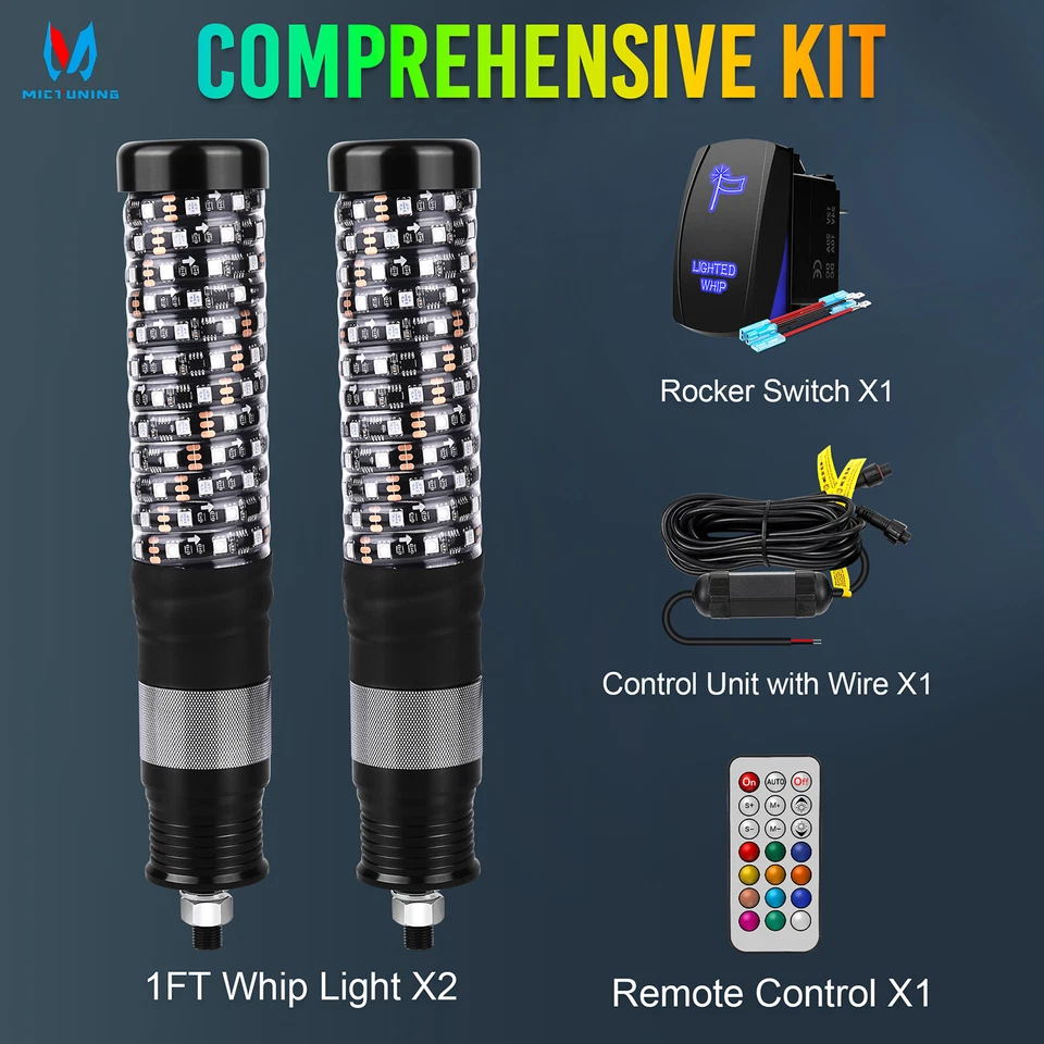 1FT Spiral LED Fat Whip Light Remote RGB Antenna Chasing For UTV RZR Motorcycles - Image 4 of 4