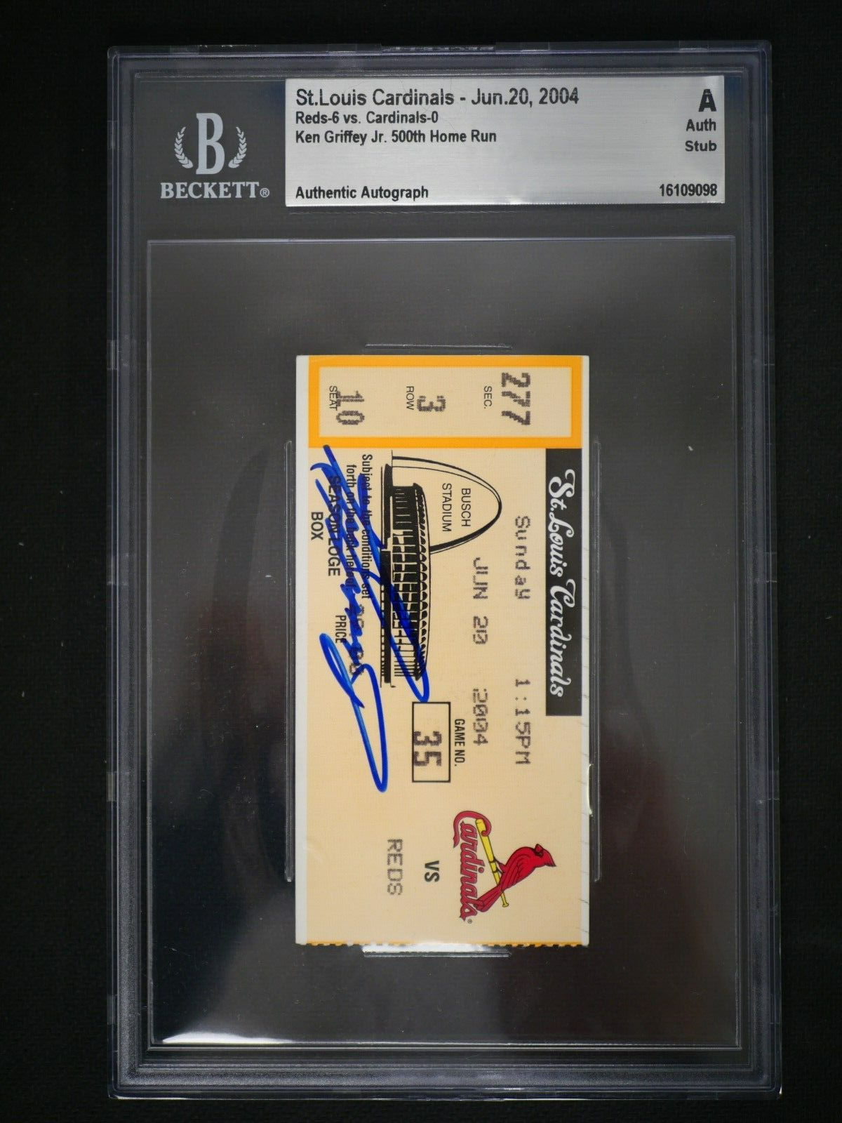 Ken Griffey Jr. Autographed Signed Cincinnati Reds KEN GRIFFEY JR TICKET STUB FROM JUNE 20, 2004 500TH HR GAME BAS AUTHENTIC 
