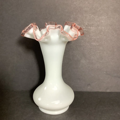 Vintage Fenton Rose Crest Milk Glass Pink Ruffled Rim Vase-8 1/4” Tall