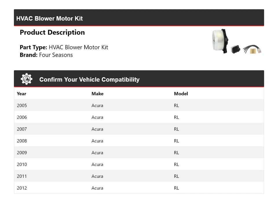 Kit de motor soprador AVAC Acura RL 2005-2012 4 estações 2006 2007 2008 2009 2010 - Imagem 2 de 3